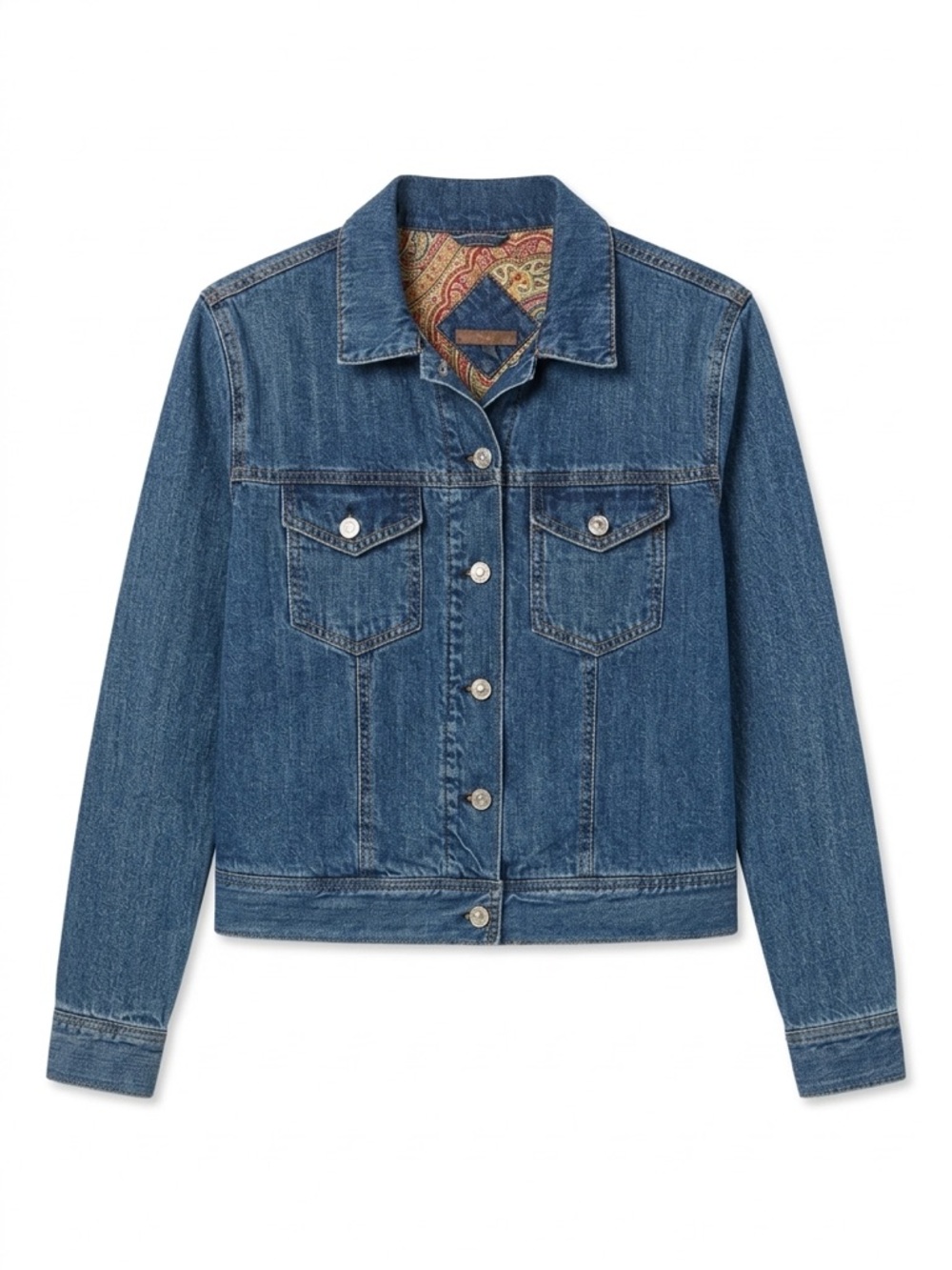 Denim Jacket Paisley Lined Western Button Front Jean Jacket Small